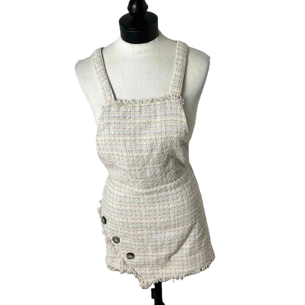 NWT Zara Multicolor Tweed Frayed Hem Overall Jumper Mini Dress Size Small